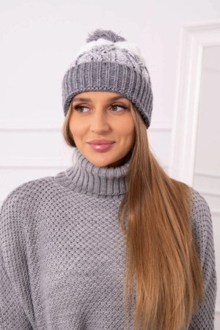 Czapka damska z pomponem Abigail K326 szary+biały uniwersalny