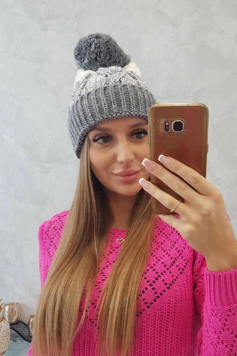 Czapka damska z pomponem Abigail K326 szary+biały uniwersalny
