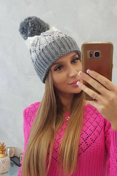 Czapka damska z pomponem Abigail K326 szary+biały uniwersalny