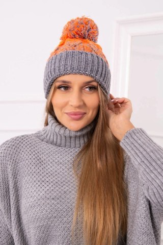 Czapka damska z pomponem Abigail K326 szary+pomarańczowy neon uniwersalny