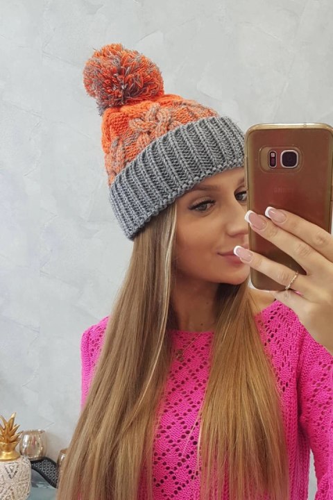 Czapka damska z pomponem Abigail K326 szary+pomarańczowy neon uniwersalny