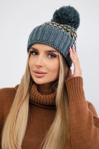 Czapka damska z pomponem Ellen K325 ciemny szary+żółty uniwersalny