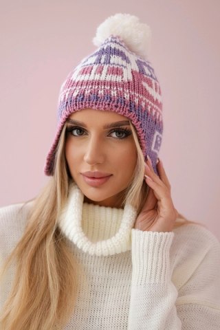 Czapka damska z pomponem Rosa K368 fioletowy+biały+ciemny różowy uniwersalny