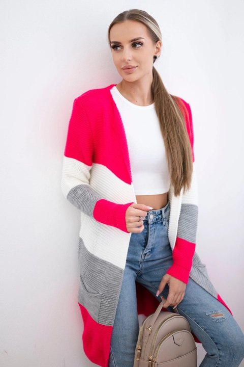 Sweter Kardigan w pasy malinowy+ecru uniwersalny
