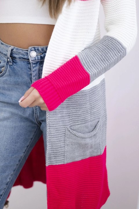Sweter Kardigan w pasy malinowy+ecru uniwersalny