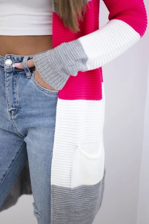 Sweter Kardigan w pasy szary+malinowy uniwersalny