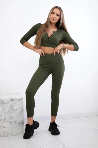 Komplet prążkowany krótki top khaki uniwersalny