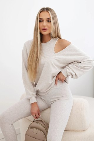 Komplet 3-częściowy bluza + top + legginsy beżowy melanż uniwersalny