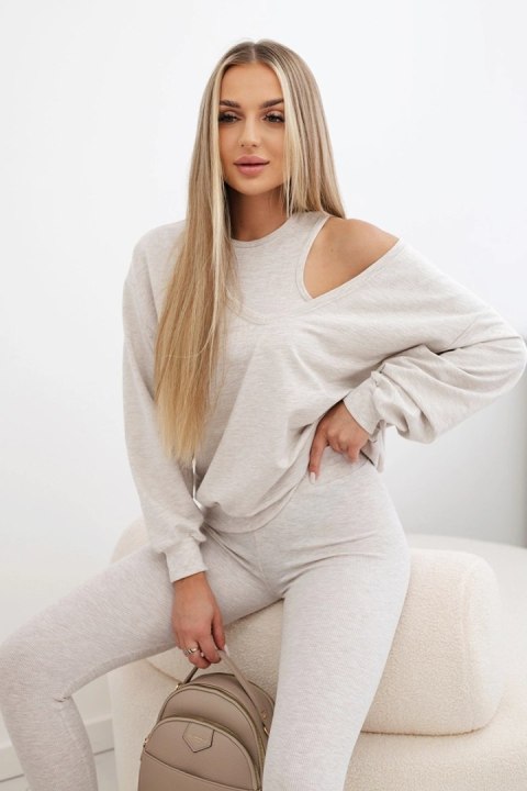 Komplet 3-częściowy bluza + top + legginsy beżowy melanż uniwersalny