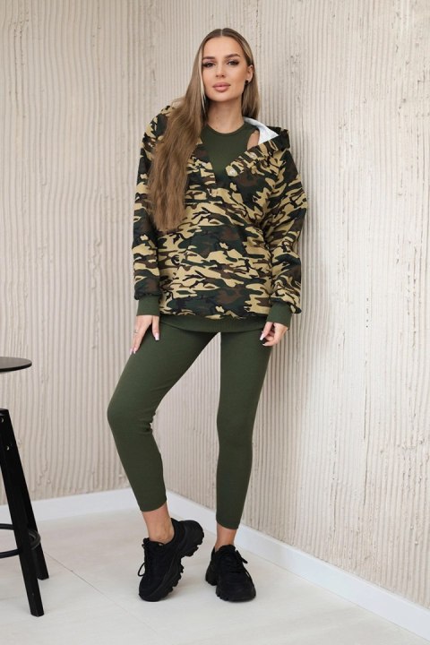 Komplet 3-częściowy moro bluza, top i legginsy khaki + beżowy uniwersalny