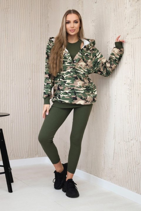 Komplet 3-częściowy moro bluza, top i legginsy khaki + zielony uniwersalny