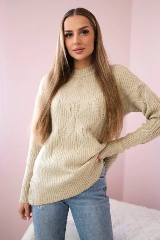 Sweter wkładany przez głowę z modnym splotem beżowy uniwersalny