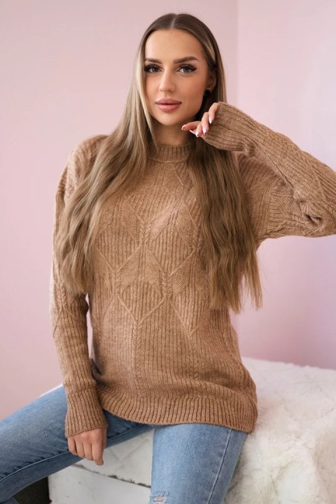 Sweter wkładany przez głowę z modnym splotem camelowy uniwersalny