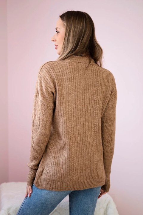 Sweter wkładany przez głowę z modnym splotem camelowy uniwersalny