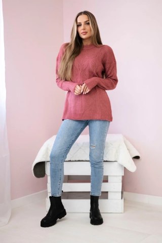 Sweter wkładany przez głowę z modnym splotem ciemno różowy uniwersalny