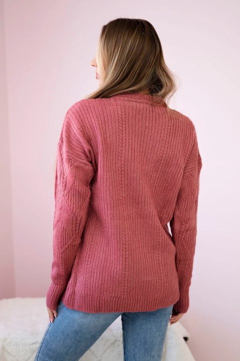 Sweter wkładany przez głowę z modnym splotem ciemno różowy uniwersalny