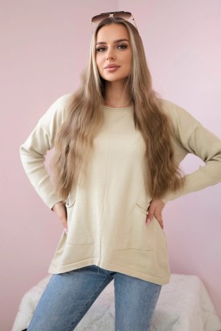 Sweter z kieszeniami z przodu beżowy uniwersalny