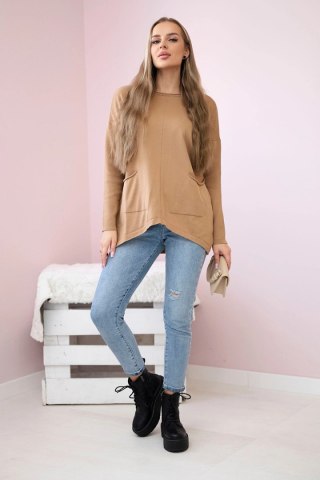 Sweter z kieszeniami z przodu camelowy uniwersalny