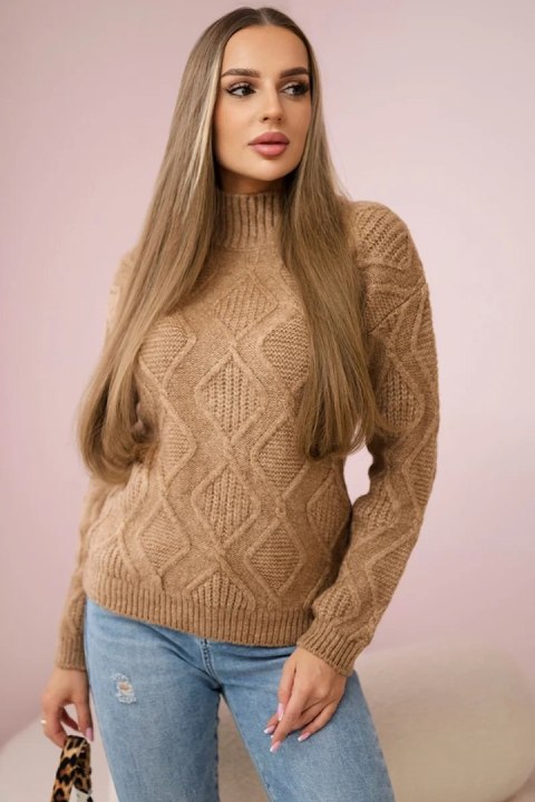 Sweter z ozdobnym splotem camelowy uniwersalny