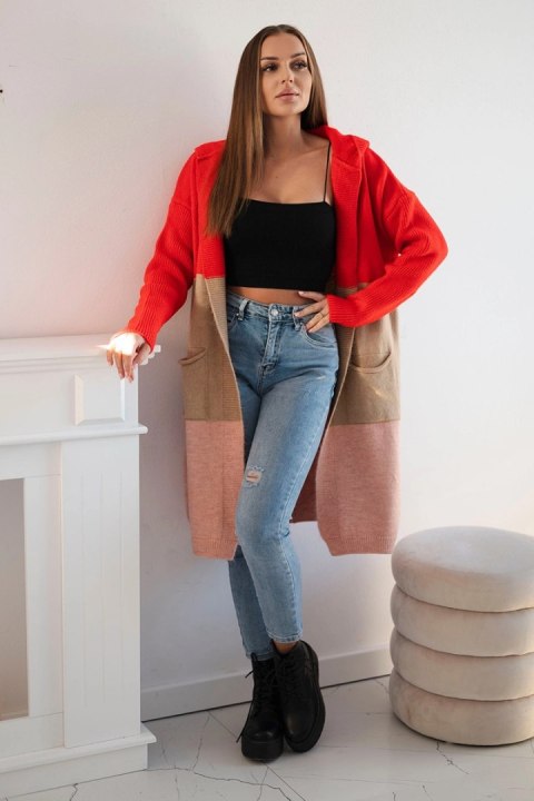 Sweter Kardigan z kapturem w pasy czerwony+camelowy+pudrowy róż uniwersalny
