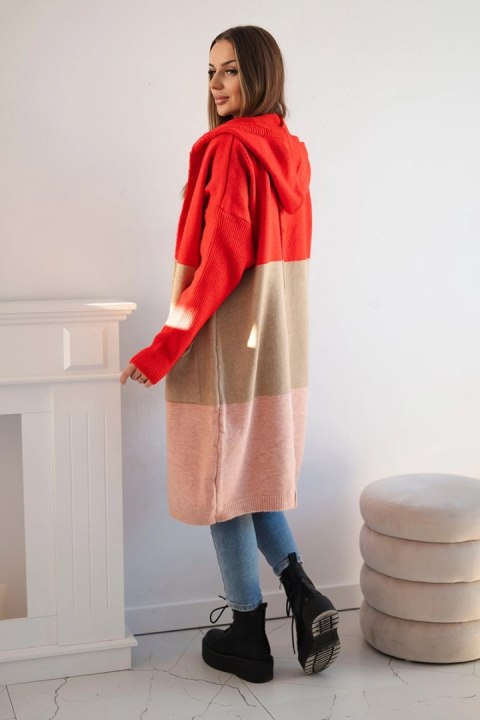 Sweter Kardigan z kapturem w pasy czerwony+camelowy+pudrowy róż uniwersalny