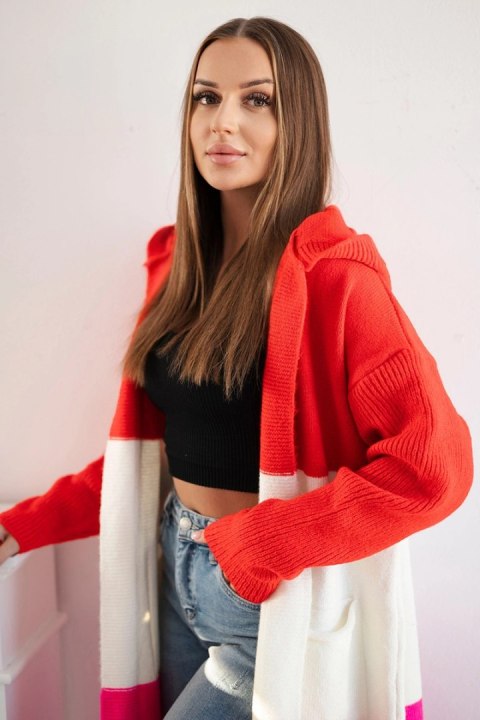 Sweter Kardigan z kapturem w pasy czerwony+ecru+różowy neon uniwersalny
