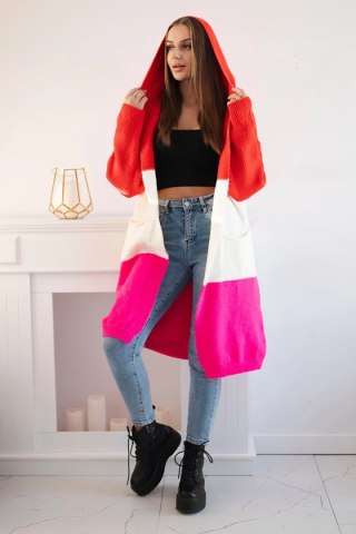 Sweter Kardigan z kapturem w pasy czerwony+ecru+różowy neon uniwersalny