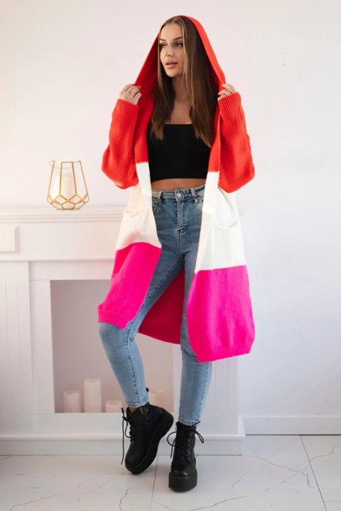 Sweter Kardigan z kapturem w pasy czerwony+ecru+różowy neon uniwersalny