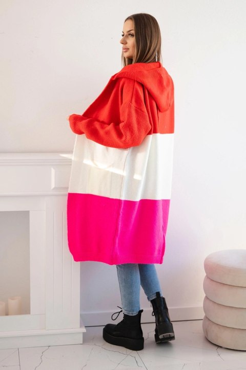 Sweter Kardigan z kapturem w pasy czerwony+ecru+różowy neon uniwersalny