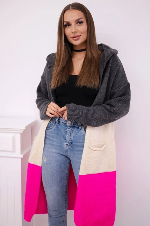 Sweter Kardigan z kapturem w pasy grafitowy+beżowy+różowy neon uniwersalny