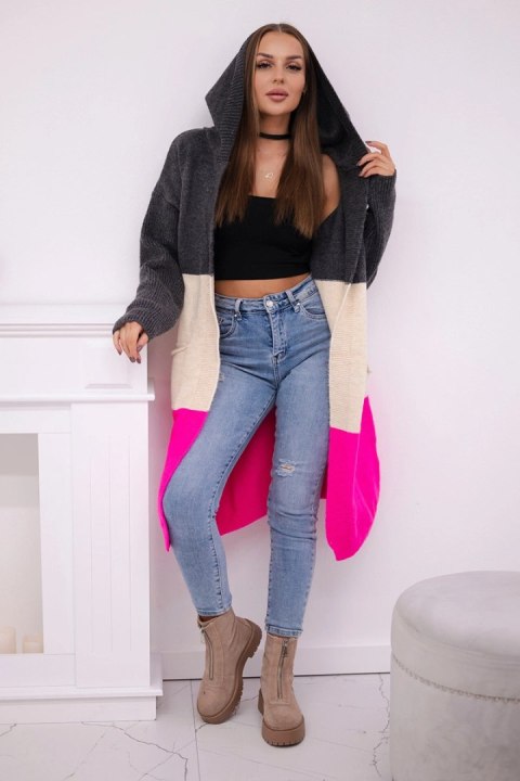 Sweter Kardigan z kapturem w pasy grafitowy+beżowy+różowy neon uniwersalny