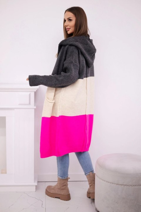 Sweter Kardigan z kapturem w pasy grafitowy+beżowy+różowy neon uniwersalny