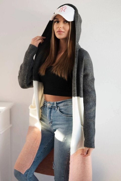 Sweter Kardigan z kapturem w pasy grafitowy+ecru+pudrowy róż uniwersalny