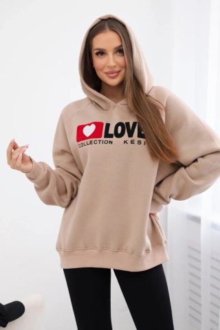 Bluza bawełniana ocieplana z kapturem Love ciemno beżowa uniwersalny