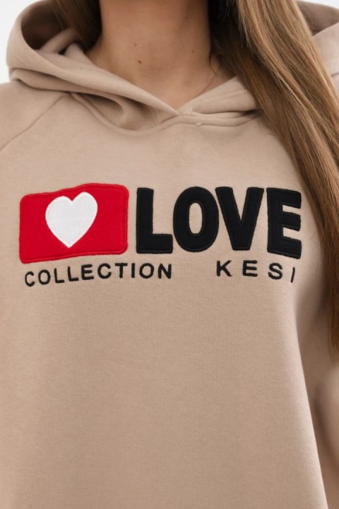 Bluza bawełniana ocieplana z kapturem Love ciemno beżowa uniwersalny