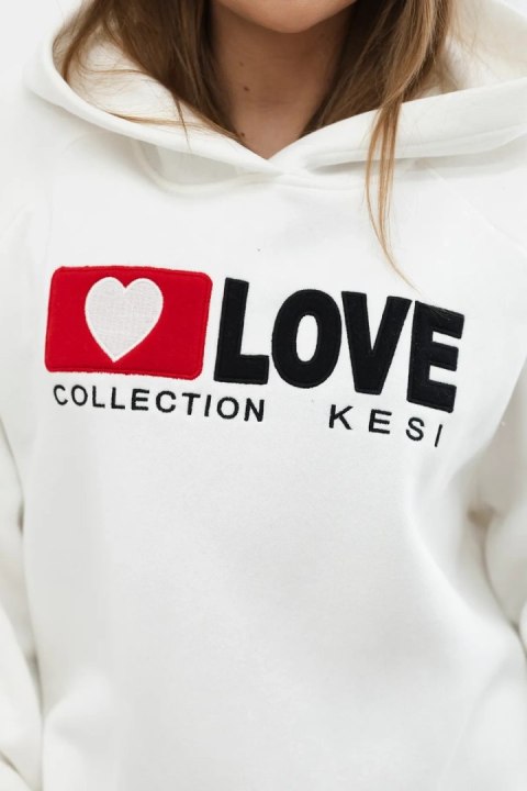 Bluza bawełniana ocieplana z kapturem Love ecru uniwersalny