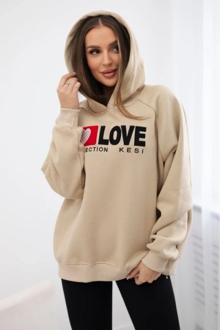 Bluza bawełniana ocieplana z kapturem Love jasno beżowa uniwersalny