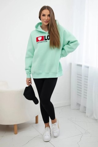 Bluza bawełniana ocieplana z kapturem Love miętowa uniwersalny