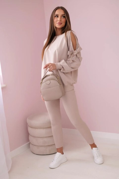Komplet bluzy z kokardą na rękawach i legginsów beżowy uniwersalny