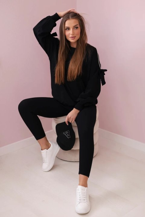Komplet bluzy z kokardą na rękawach i legginsów czarny uniwersalny