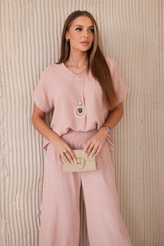 Komplet z naszyjnikiem bluzka + spodnie ciemny pudrowy róż uniwersalny