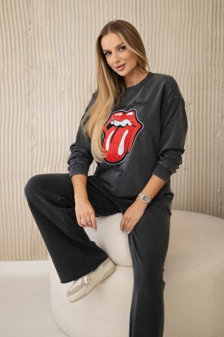Komplet bawełniany dekatyzowany z nadrukiem bluza + spodnie grafitowy uniwersalny