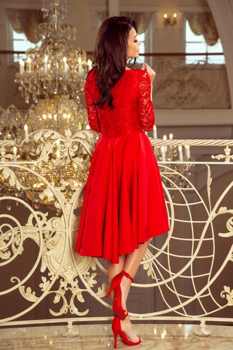 210-6 NICOLLE - sukienka z dłuższym tyłem z koronkowym dekoltem - CZERWONA - XXL 210-6 NICOLLE - sukienka z dłuższym tyłem z koronkowym dekoltem - CZERWONA - XXL