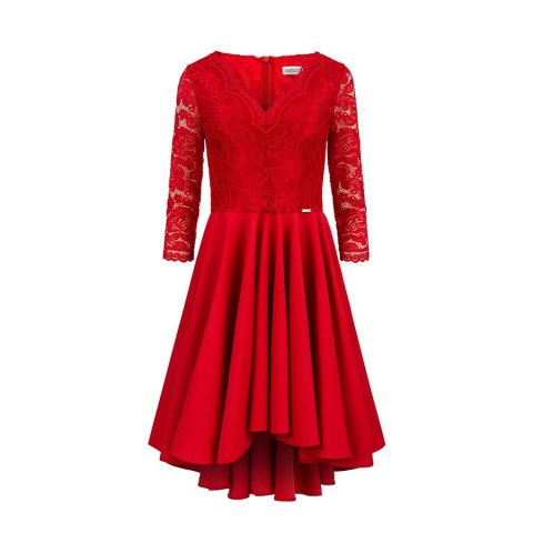 210-6 NICOLLE - sukienka z dłuższym tyłem z koronkowym dekoltem - CZERWONA - XXL 210-6 NICOLLE - sukienka z dłuższym tyłem z koronkowym dekoltem - CZERWONA - XXL