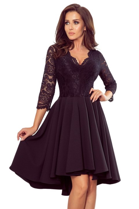 210-10 NICOLLE - sukienka z dłuższym tyłem z koronkowym dekoltem - CZARNA - XXL 210-10 NICOLLE - sukienka z dłuższym tyłem z koronkowym dekoltem - CZARNA - XXL