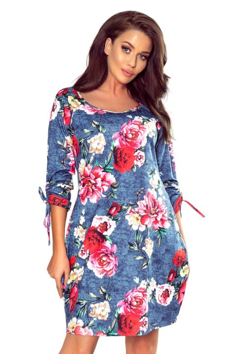 281-2 SOPHIE Wygodna sukienka Oversize - KWIATY NA JEANSIE - S 281-2 SOPHIE Wygodna sukienka Oversize - KWIATY NA JEANSIE - S