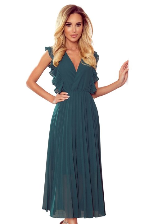 315-1 EMILY Plisowana sukienka z falbankami i dekoltem - BUTELKOWA ZIELEŃ - XXL 315-1 EMILY Plisowana sukienka z falbankami i dekoltem - BUTELKOWA ZIELEŃ - XXL