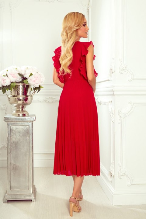 315-3 EMILY Plisowana sukienka z falbankami i dekoltem - CZERWONA - XXL 315-3 EMILY Plisowana sukienka z falbankami i dekoltem - CZERWONA - XXL