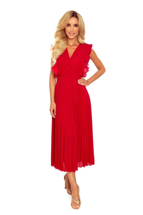 315-3 EMILY Plisowana sukienka z falbankami i dekoltem - CZERWONA - XXL 315-3 EMILY Plisowana sukienka z falbankami i dekoltem - CZERWONA - XXL