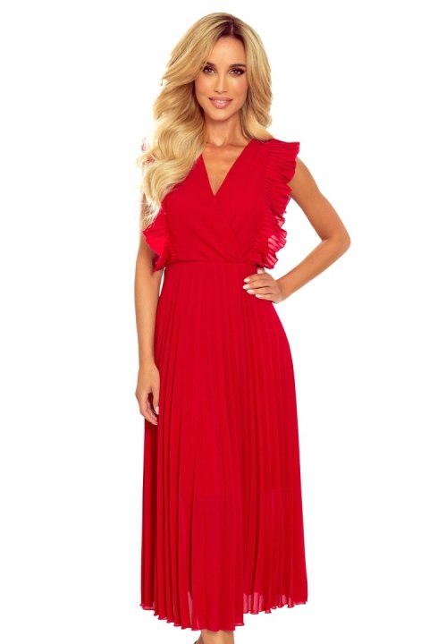 315-3 EMILY Plisowana sukienka z falbankami i dekoltem - CZERWONA - XXL 315-3 EMILY Plisowana sukienka z falbankami i dekoltem - CZERWONA - XXL